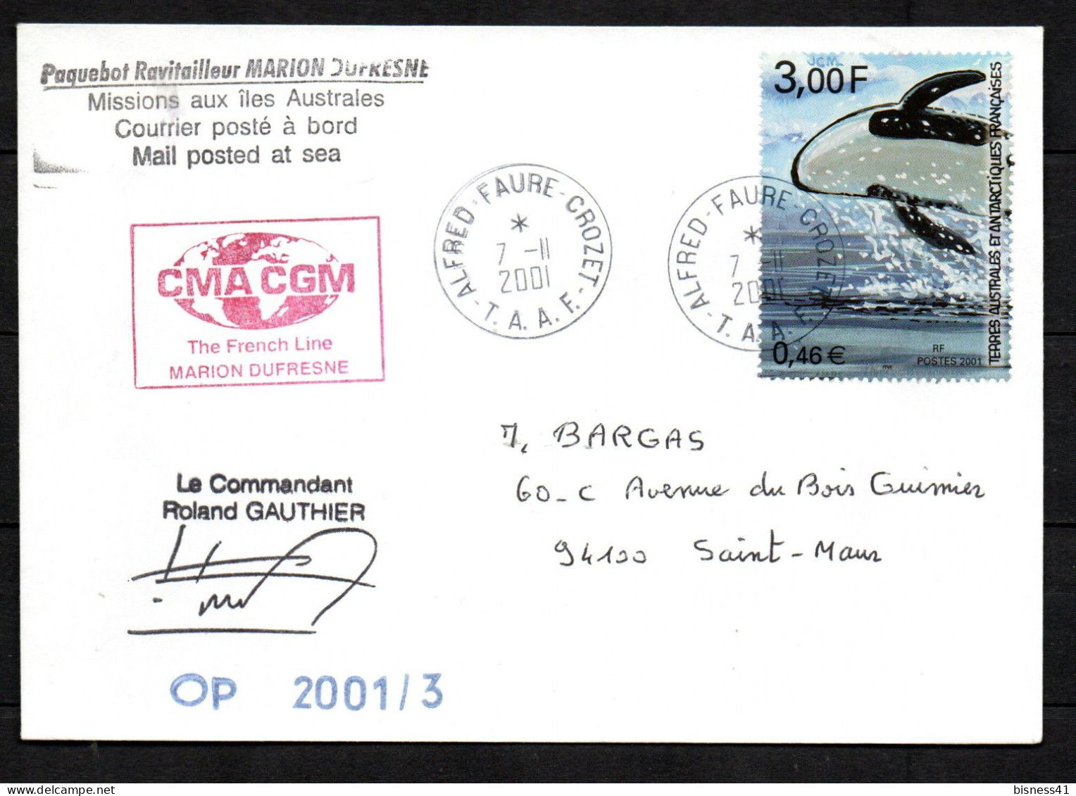 Col43 TAAF N° 301 Oblitéré De Alfred Faure Crozet Marion Dufresnes Sur Lettre - Oblitérés