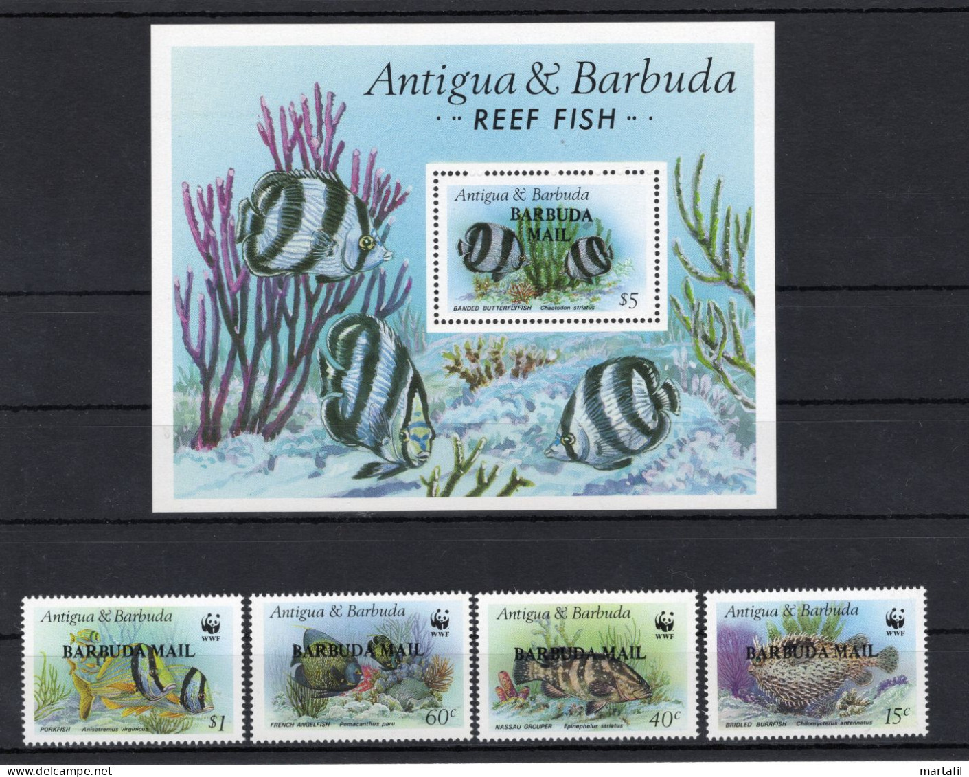 1987 BARBUDA "Antigua & Barbuda" WWF Reef Fish RARE SET MNH **, "Barbuda Mail" Overprint - Unused Stamps
