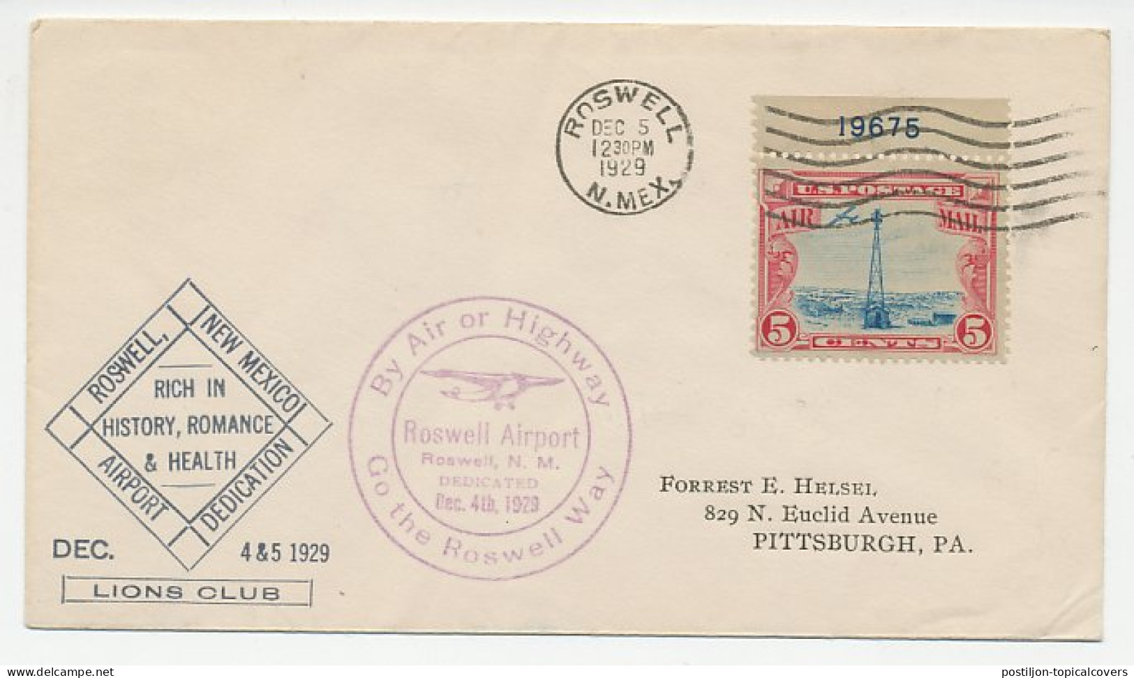 Cover / Postmark USA 1929 Lions Club - Roswell Airport Dedication - Rotary, Lions Club
