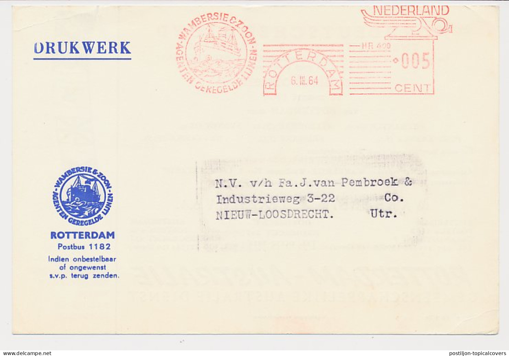 Meter Card Netherlands 1964 Shipping Company Wambersie - Sailing List Rotterdam - Australia - Barcos