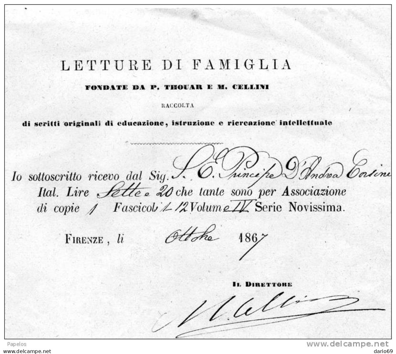 1867 LETTURE DI FAMIGLIA FONDATA DA P.  THOUAR E M. CELLINI - Italie