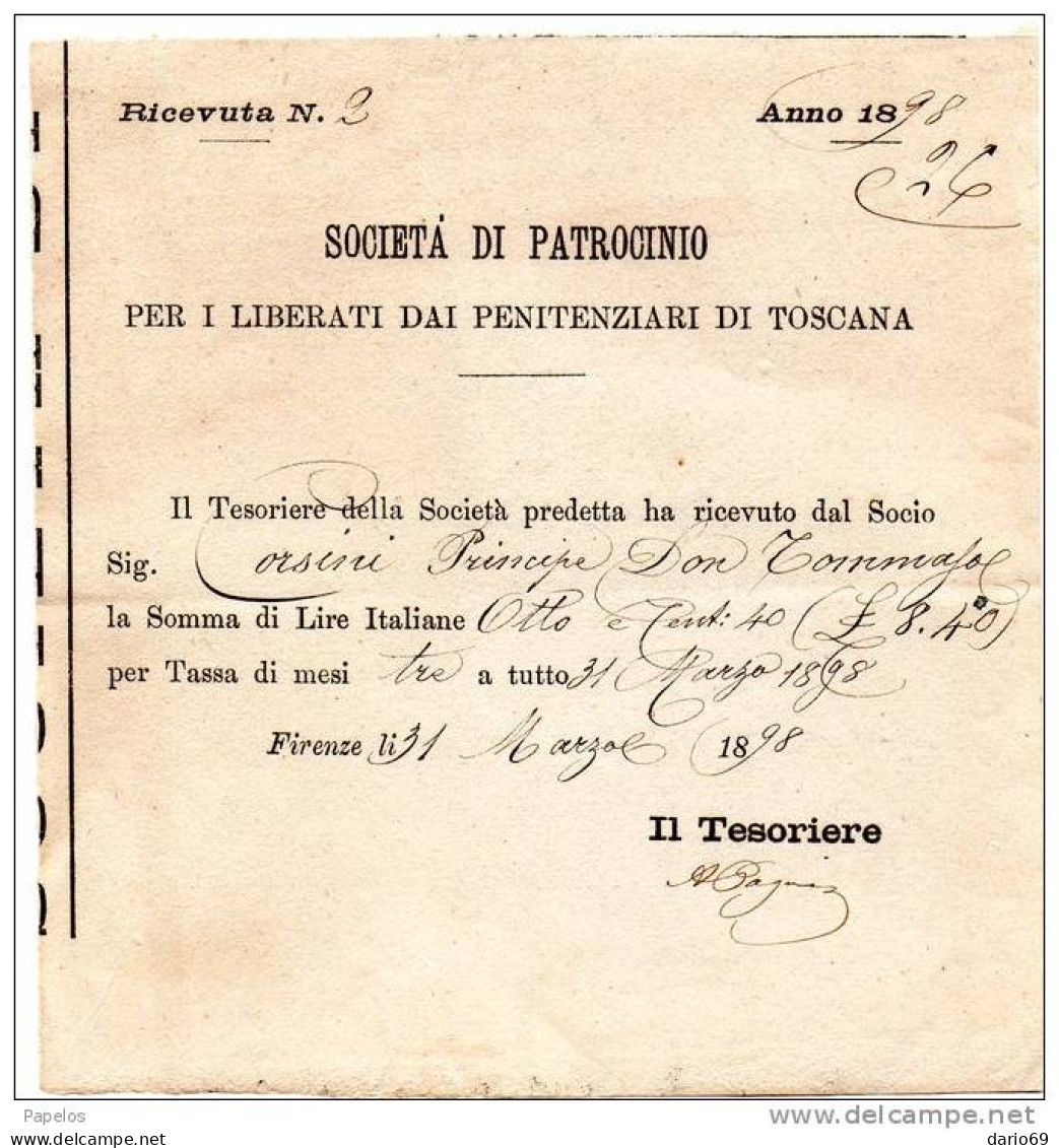 1898 SOCIETA DI PATROCINIO PER I LIBERATI DAI PENITENZIARI TOSCANI - Italie