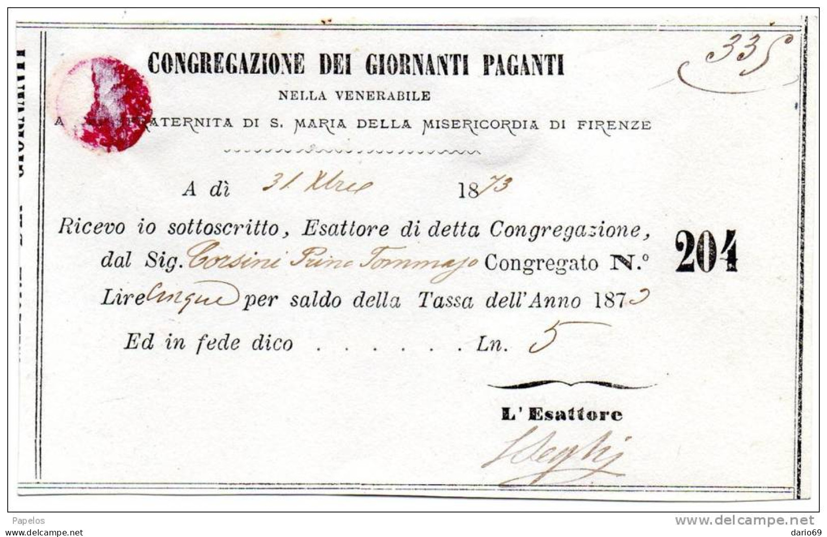 1873 CONGREGAZIONE DEI GIORNANTI PAGANTI - Italie