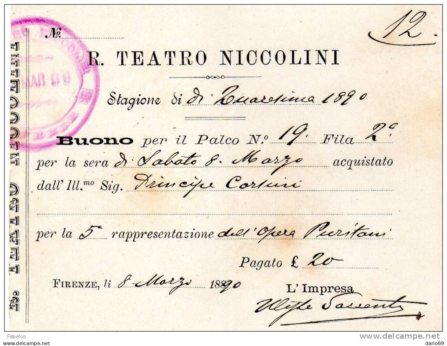1890  R. TEATRO NICCOLINI BUONO PER IL PALCO - Italie