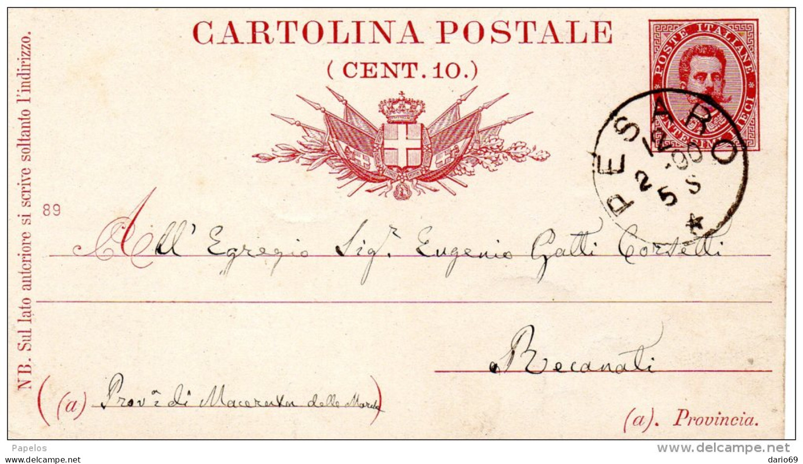 1900 CARTOLINA CON ANNULLO PESARO - Interi Postali