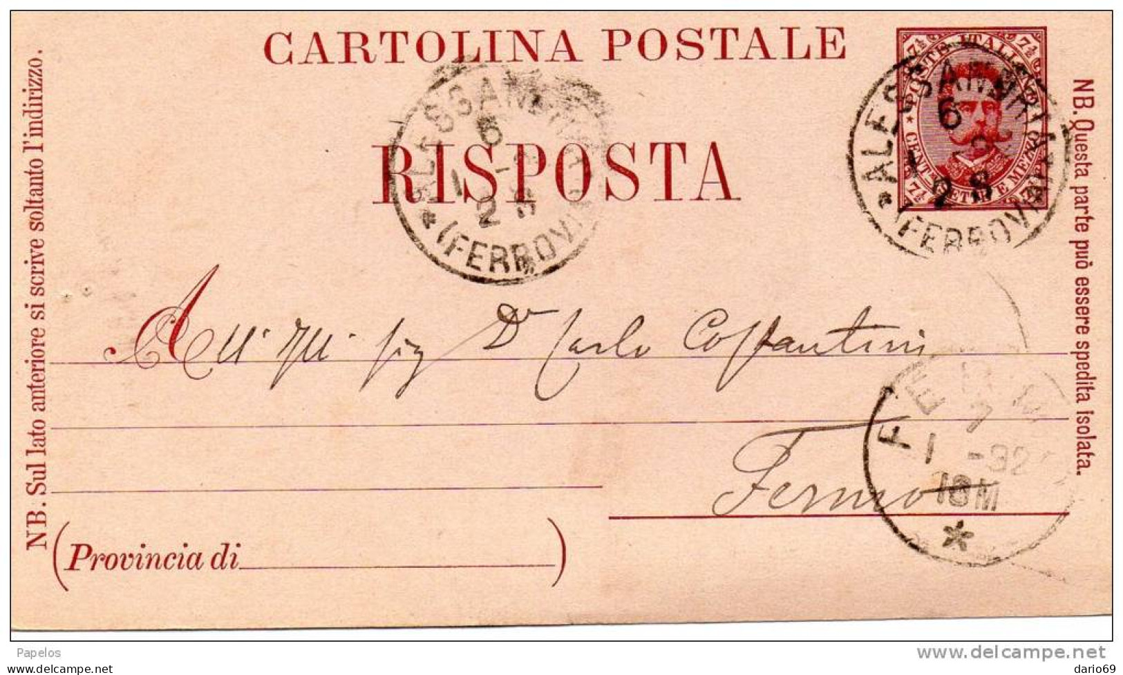 1892 CARTOLINA CON ANNULLO  ALESSANDRIA - Stamped Stationery