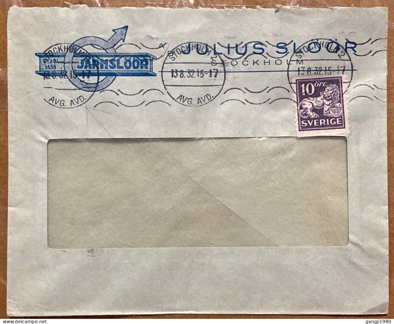 SWEDEN 1932, ADVERTISING COVER USED, JARMSLOOR JULIUS SLOOR,  STOCKHOLM CITY CANCEL, LION STAMP. - Covers & Documents