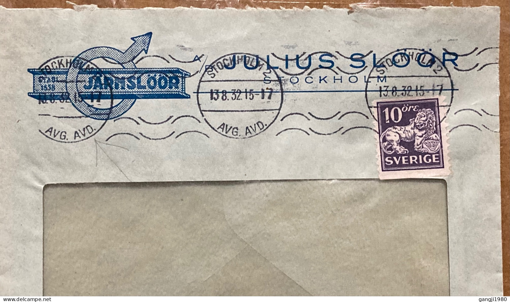 SWEDEN 1932, ADVERTISING COVER USED, JARMSLOOR JULIUS SLOOR,  STOCKHOLM CITY CANCEL, LION STAMP. - Lettres & Documents