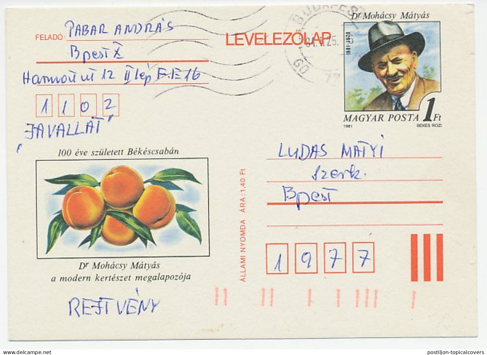 Postal Stationery Hungary 1984 Peach - Fruit