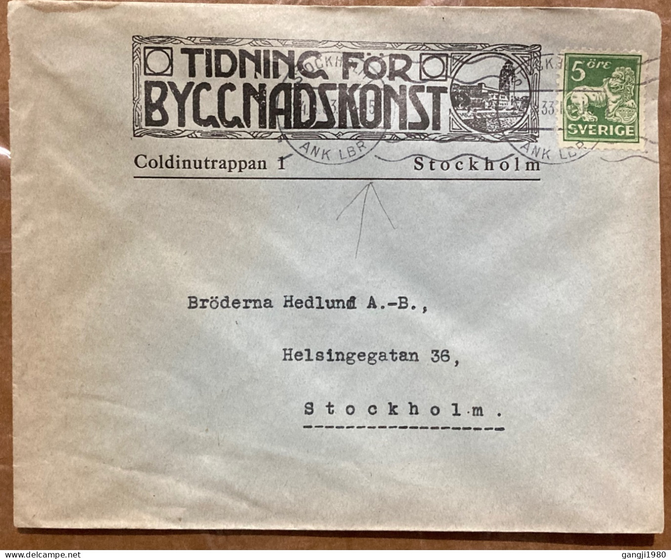 SWEDEN 1933, COVER ADVERTISING, ILLUSTRATE, TIDNING FOR  BYGGNADSKONST, MAGAZINE FOR BUILDING ART, STOCKHOLM CITY CANCEL - Briefe U. Dokumente