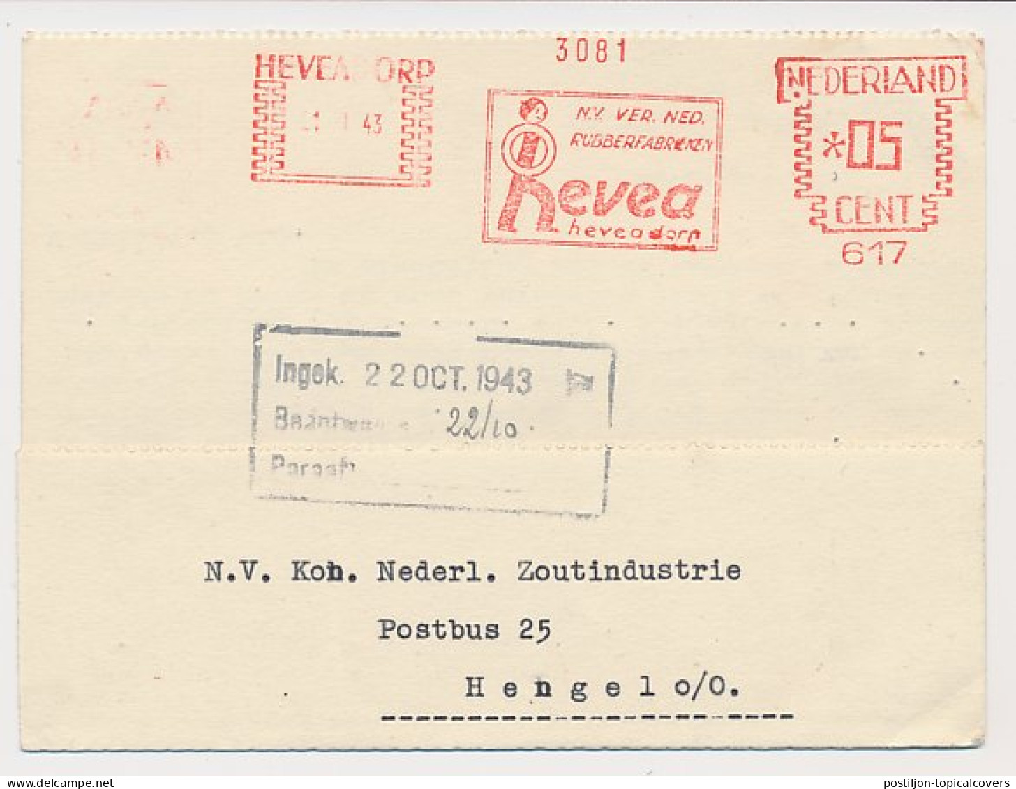 Meter Card Netherlands 1943 Rubber Factory - Heveadorp - Alberi