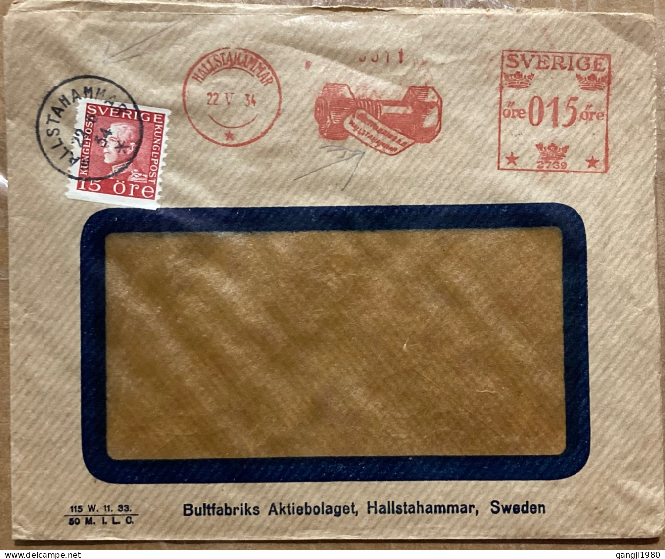 SWEDEN 1934, ADVERTISING, METER PICTURE NUT BOLT, HALLSTAHAMMAR & STOCKHOLM CITY CANCEL, KING  STAMP. - Covers & Documents