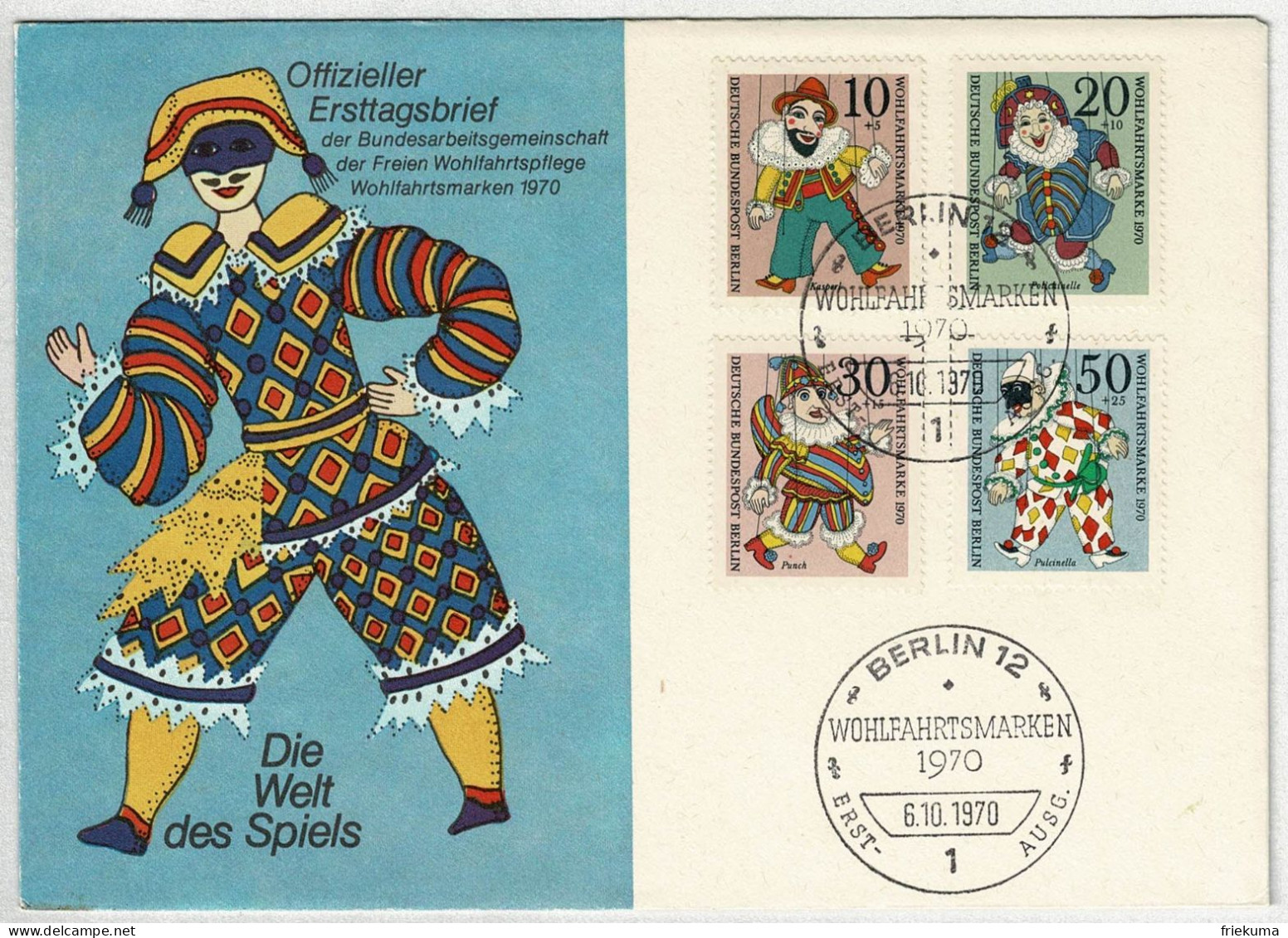 Deutsche Bundespost Berlin 1970, FDC Wohlfahrtsmarken Marionetten, Spiel  - Marionetten