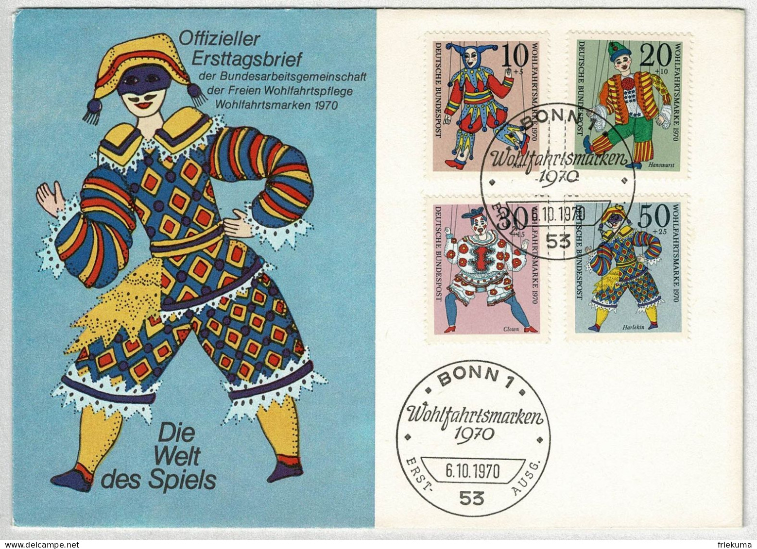 Deutsche Bundespost 1970, FDC Wohlfahrtsmarken Marionetten, Spiel  - Marionetten