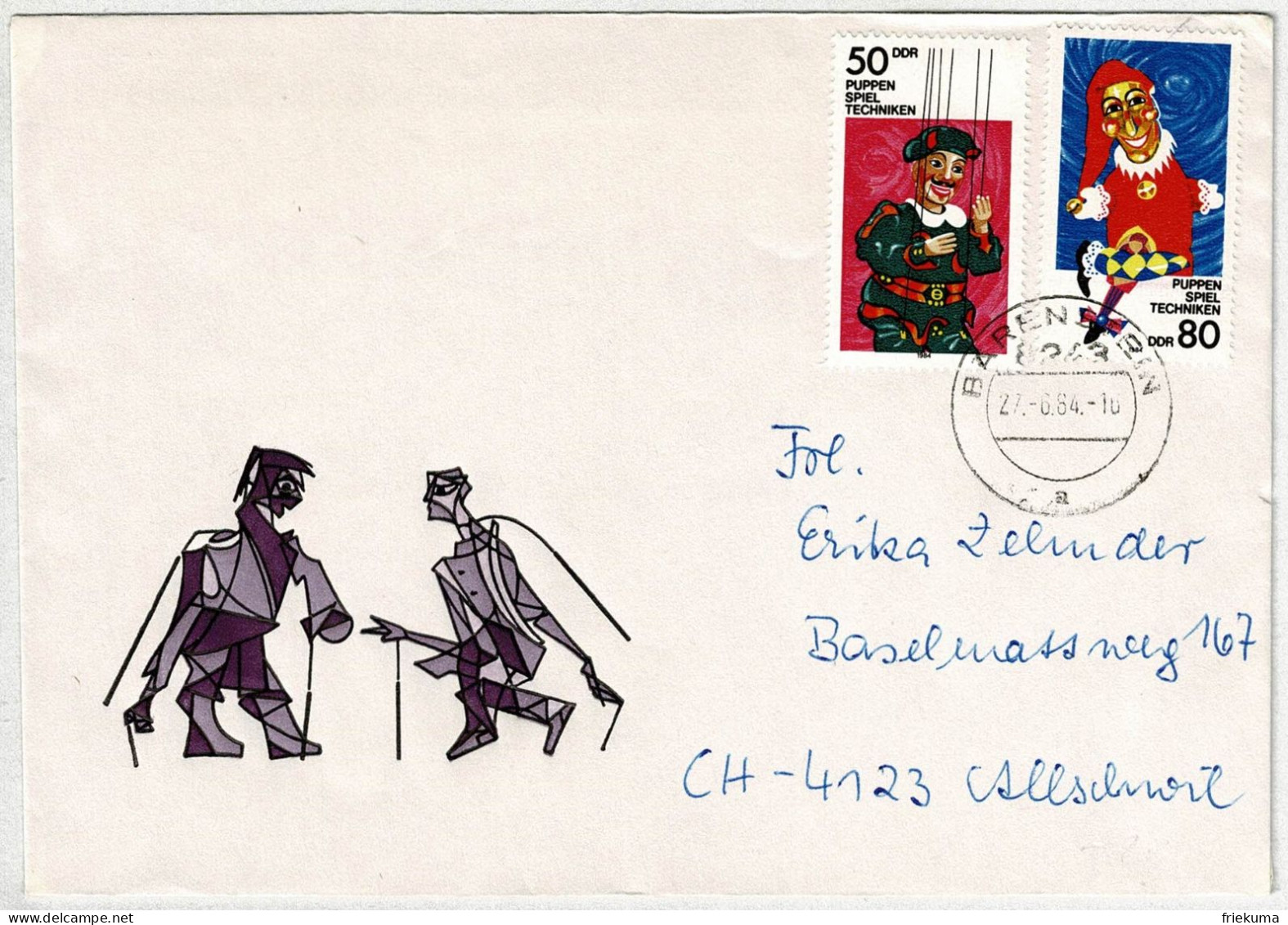 DDR 1984, Brief Bärenstein - Allschwil (Schweiz), Puppen, Spiel, Techniken - Marionetten