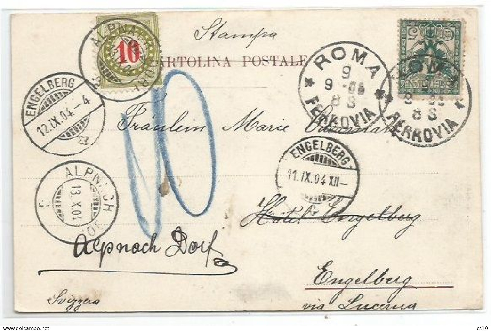 Suisse Postage Due C10 Alpnach-Dorf 13sep1904 Taxing Pcard Italy With Eagle C.10 Roma 9sep1904 - Segnatasse