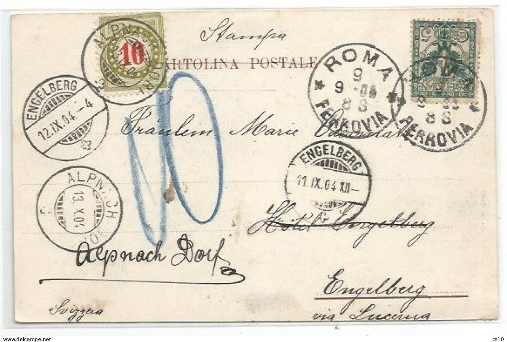 Suisse Postage Due C10 Alpnach-Dorf 13sep1904 Taxing Pcard Italy With Eagle C.10 Roma 9sep1904 - Marcophilie