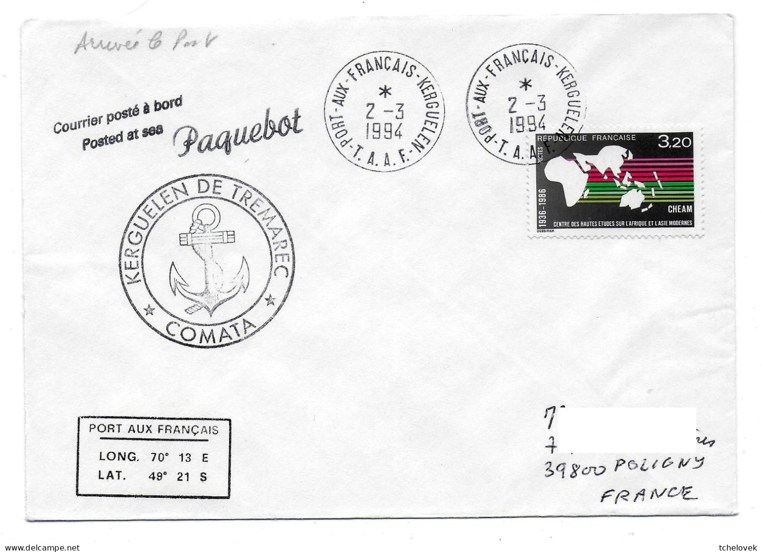 TAAF. FSAT. MV Kerguelen De Tremarec. Comate. 02.03.94 Kerg - Cartas & Documentos