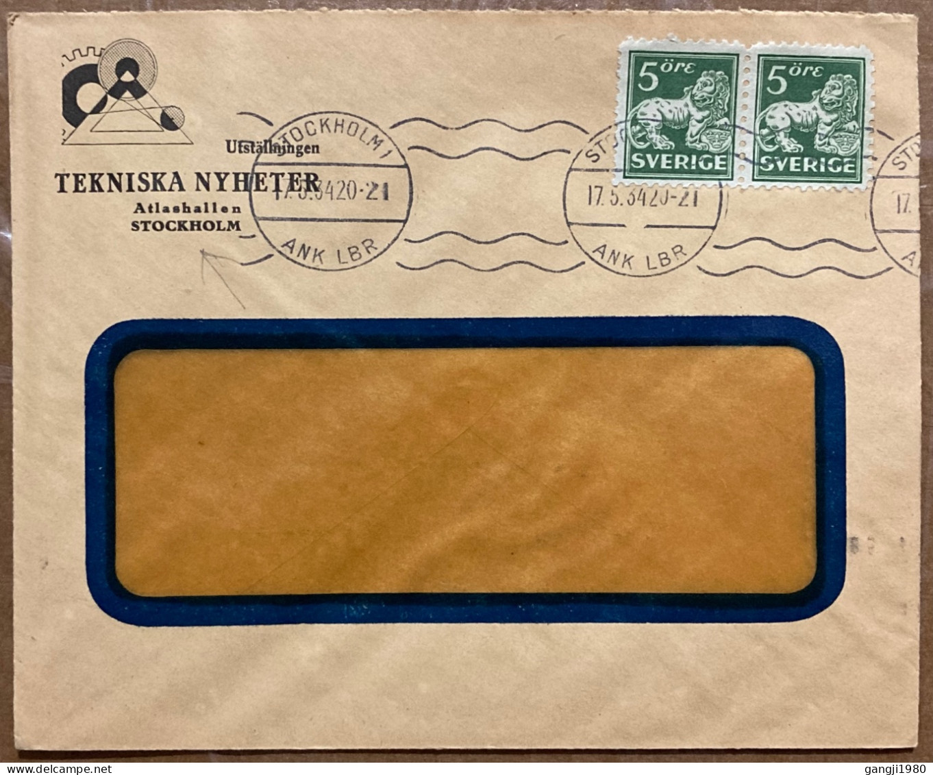 SWEDEN 1934, ADVERTISING COVER USED, TECHNICAL NEWS & EXHIBITION, STOCKHOLM CITY CANCEL, LION  2 STAMP. - Lettres & Documents