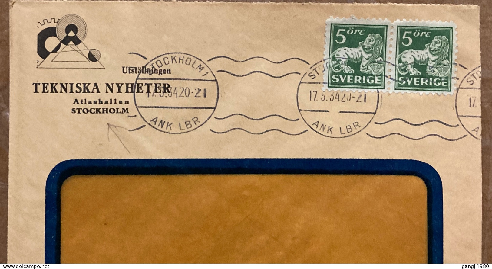 SWEDEN 1934, ADVERTISING COVER USED, TECHNICAL NEWS & EXHIBITION, STOCKHOLM CITY CANCEL, LION  2 STAMP. - Covers & Documents