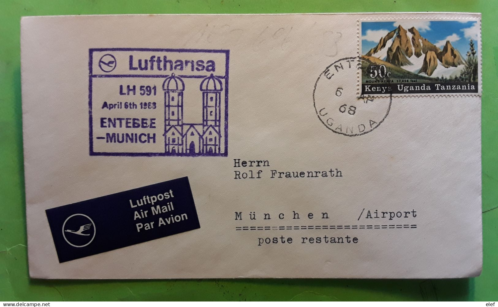 Uganda ENTEBEE Lufthansa LH 591 Airmail Flight Cover .Mount Kenya 50 C Stamp > Munchen 1968 , TB - Uganda (1962-...)