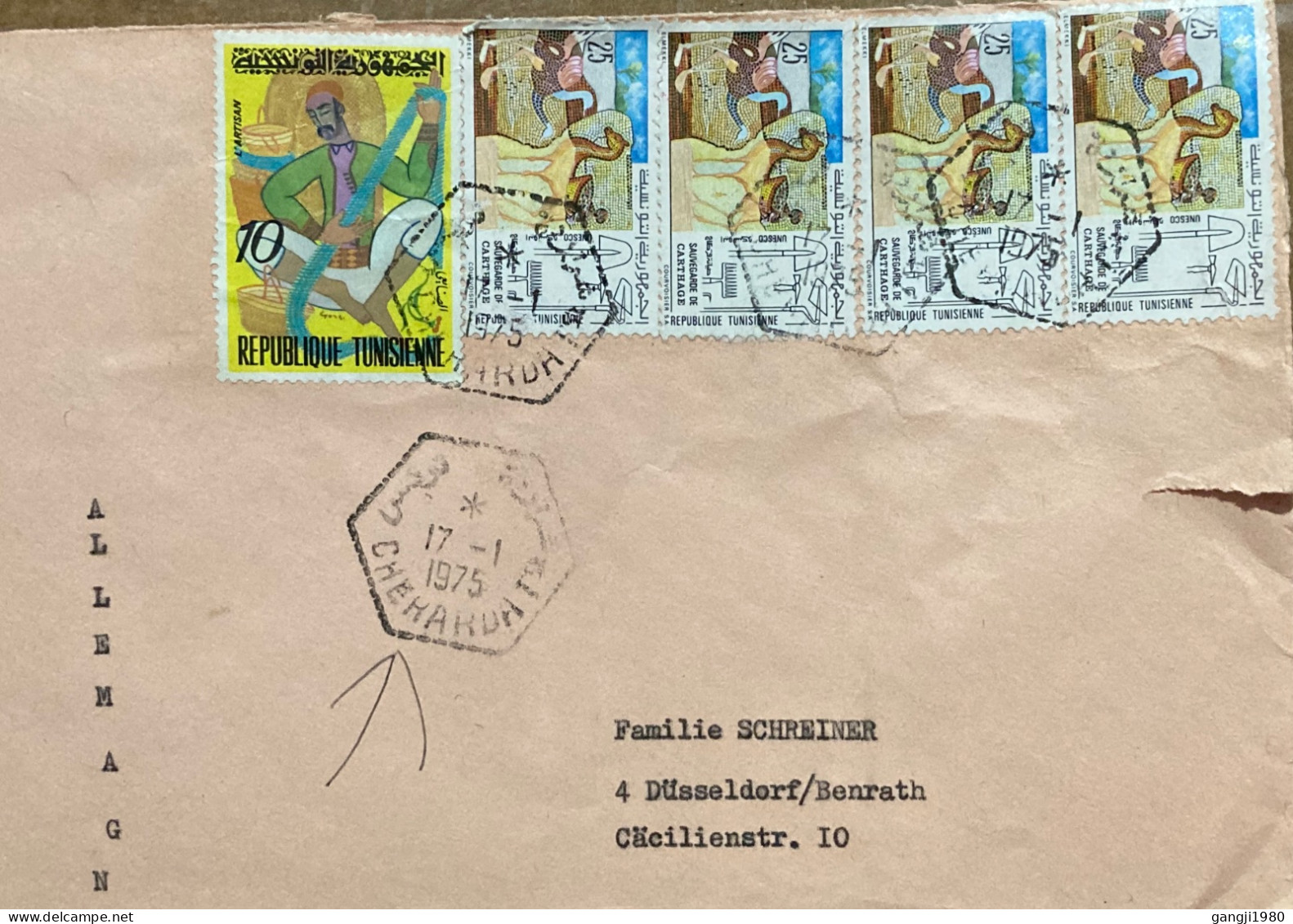 TUNISIA 1975, COVER  USED TO GERMANY, TUNISIA CARTHAGE, BIRD, ANIMAL, ART, ARTIST, CHERARDA CITY CANCEL. - Tunesien (1956-...)