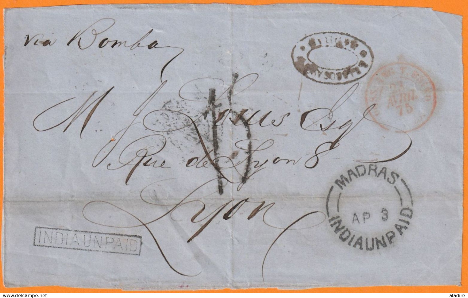 1875 - Devant De Lettre De MADRAS, INDE INDIA Vers LYON, FRANCE - Via BOMBAY - India Unpaid - 1854 Compagnie Des Indes