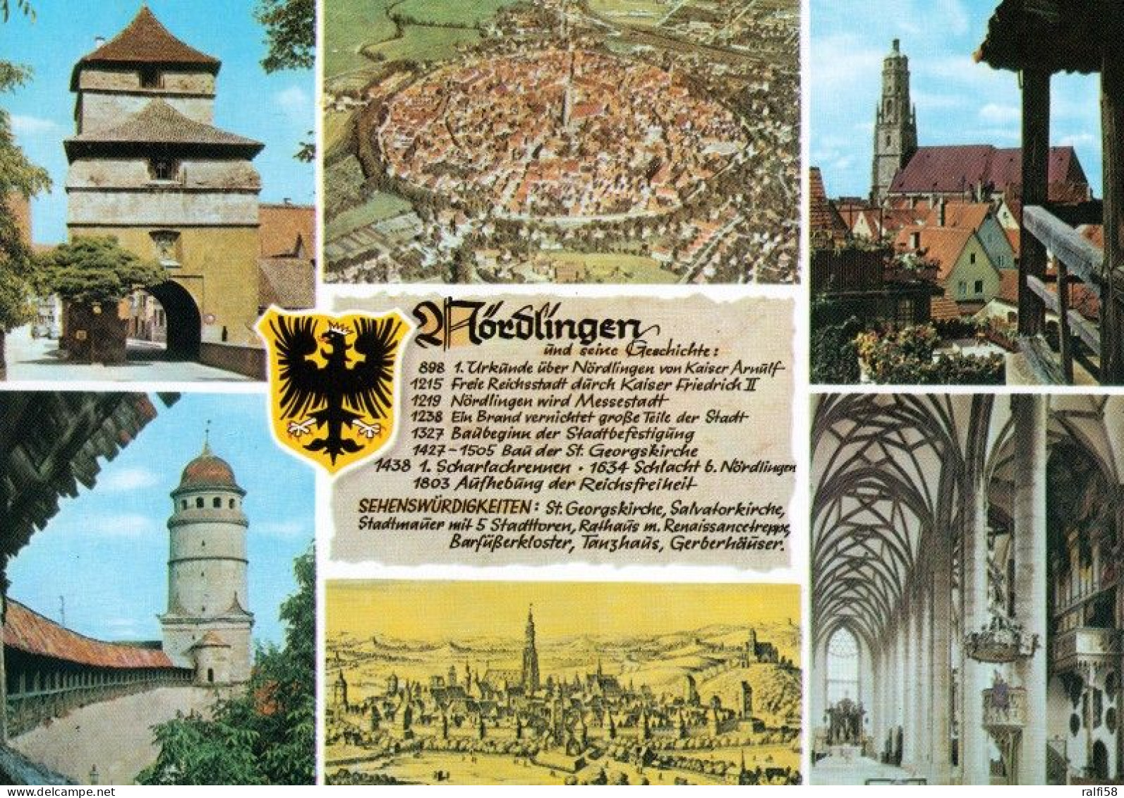2 AK Germany / Bayern * 2 Chronikkarten Von Nördlingen, Wappen, Georgskirche, Berger Tor, Löpsinger Tor, Merian Stich * - Nördlingen