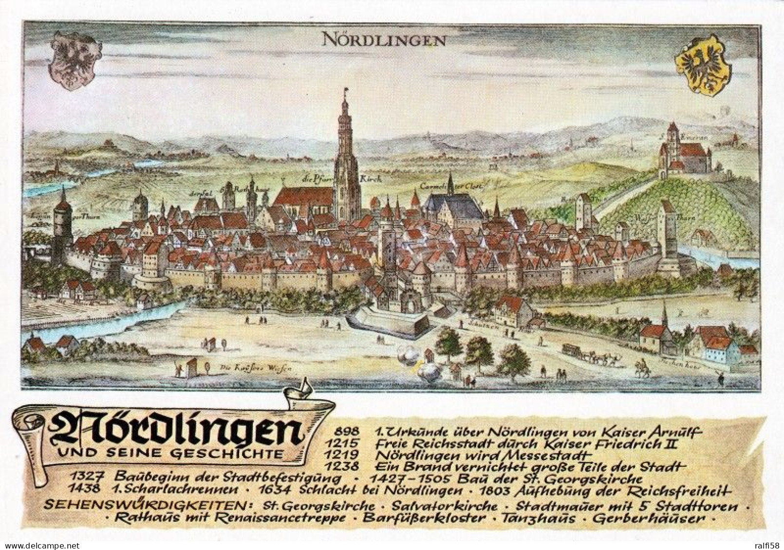 2 AK Germany / Bayern * 2 Chronikkarten Von Nördlingen, Wappen, Georgskirche, Berger Tor, Löpsinger Tor, Merian Stich * - Nördlingen