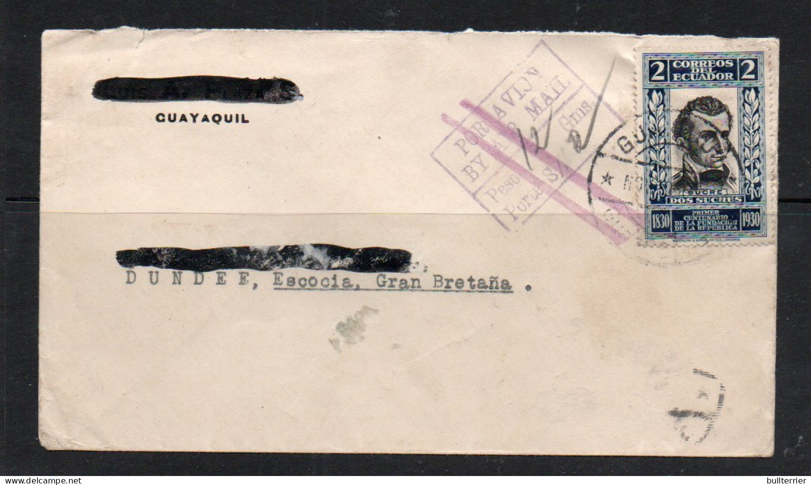 ECUADOR - 1931- AIRMAIL COVER ECUADOR TO DUNDEE, SCOTLAND  - Ecuador