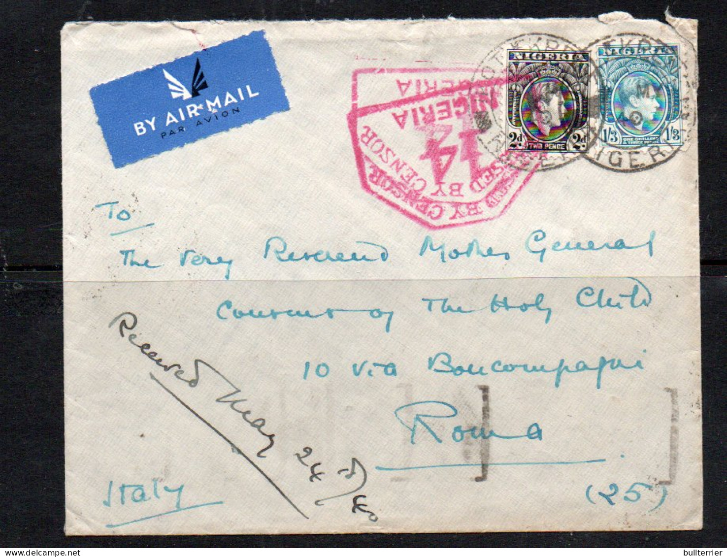 NIGERIA - 1940 - NIGERIA TO ITALY AIRMAIL COVER  WITH CENSOR  AND BACKSTAMPS  - Nigeria (...-1960)