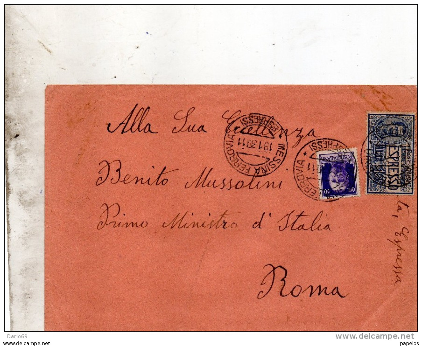 1930  LETTERA ESPRESSO  CON ANNULLO MESSINA FERROVIA - Poste Exprèsse