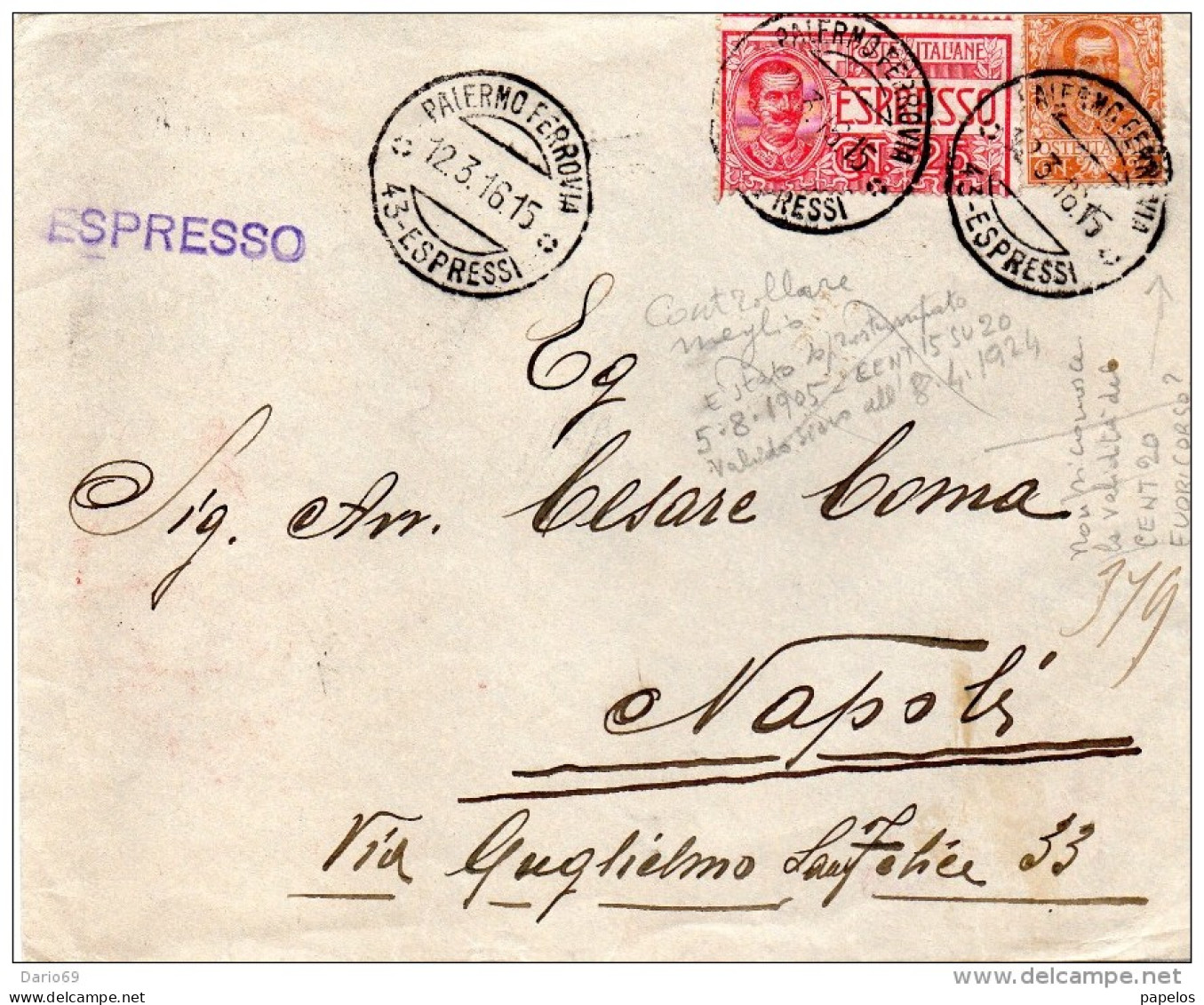 1916  LETTERA ESPRESSO  CON ANNULLO PALERMO FERROVIA - DENTELLATURA SPOSTATA - Correo Urgente