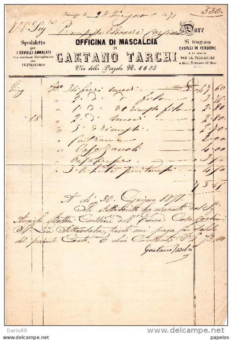 1871 FIRENZE - GATANO TARCHI  SPEDALETTO PER CAVALLI -  OFFICINA DI MASCALCIA - Italie