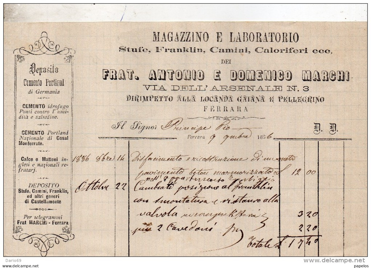 1886  FERRARA  LABORATORIO  STUFE CAMINI CALORIFERI - Italie