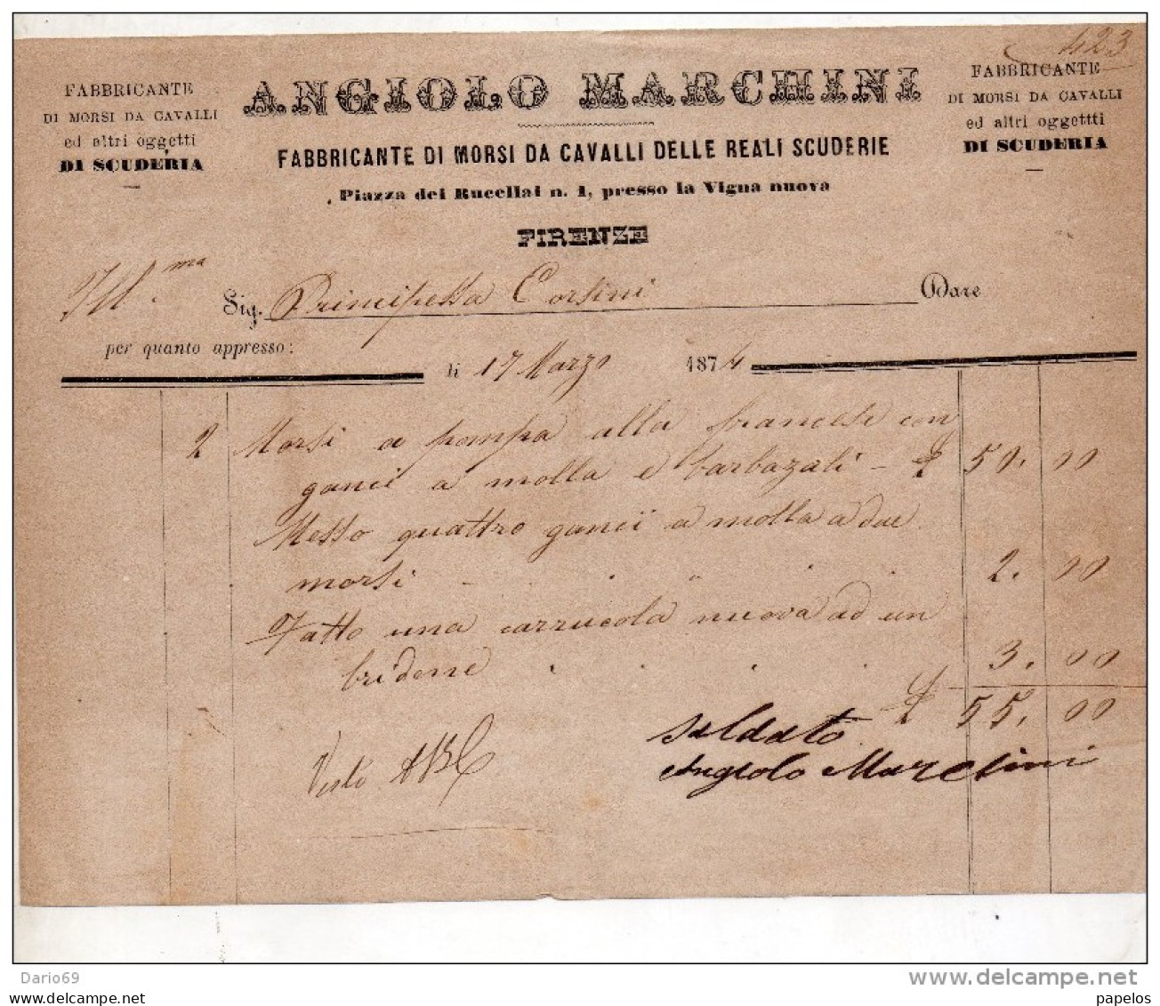 1874  FIRENZE -  FABBRICANTE DI MORSI DA CAVALLO DELLE REALI SCUDERIE - Italy