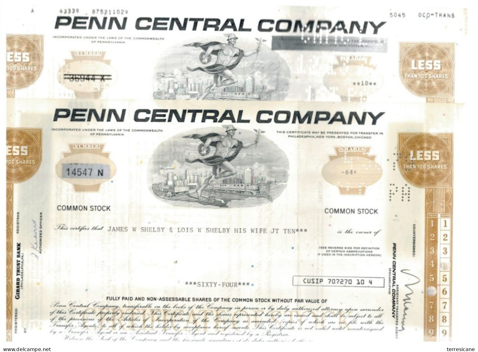 LOTTO 2 CERTIFICATI AZIONARI PENN CENTRAL COMPANY 1970/1976   LESS 100 SHARES STOCK - Spoorwegen En Trams