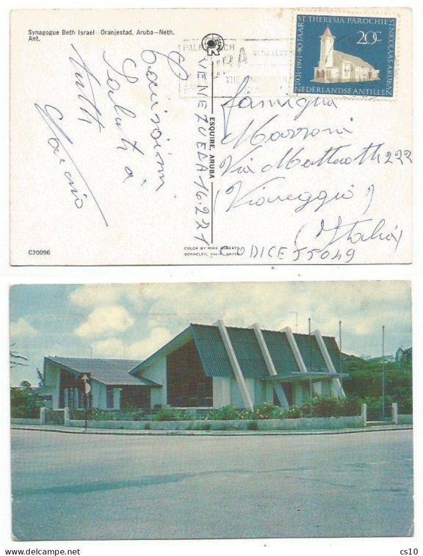 Nederland Antillen Aruba Church C.20 Solo Franking Airmail Pcard Synagogue Oranjestad Aruba 16feb1971 X Italy - Judaika, Judentum