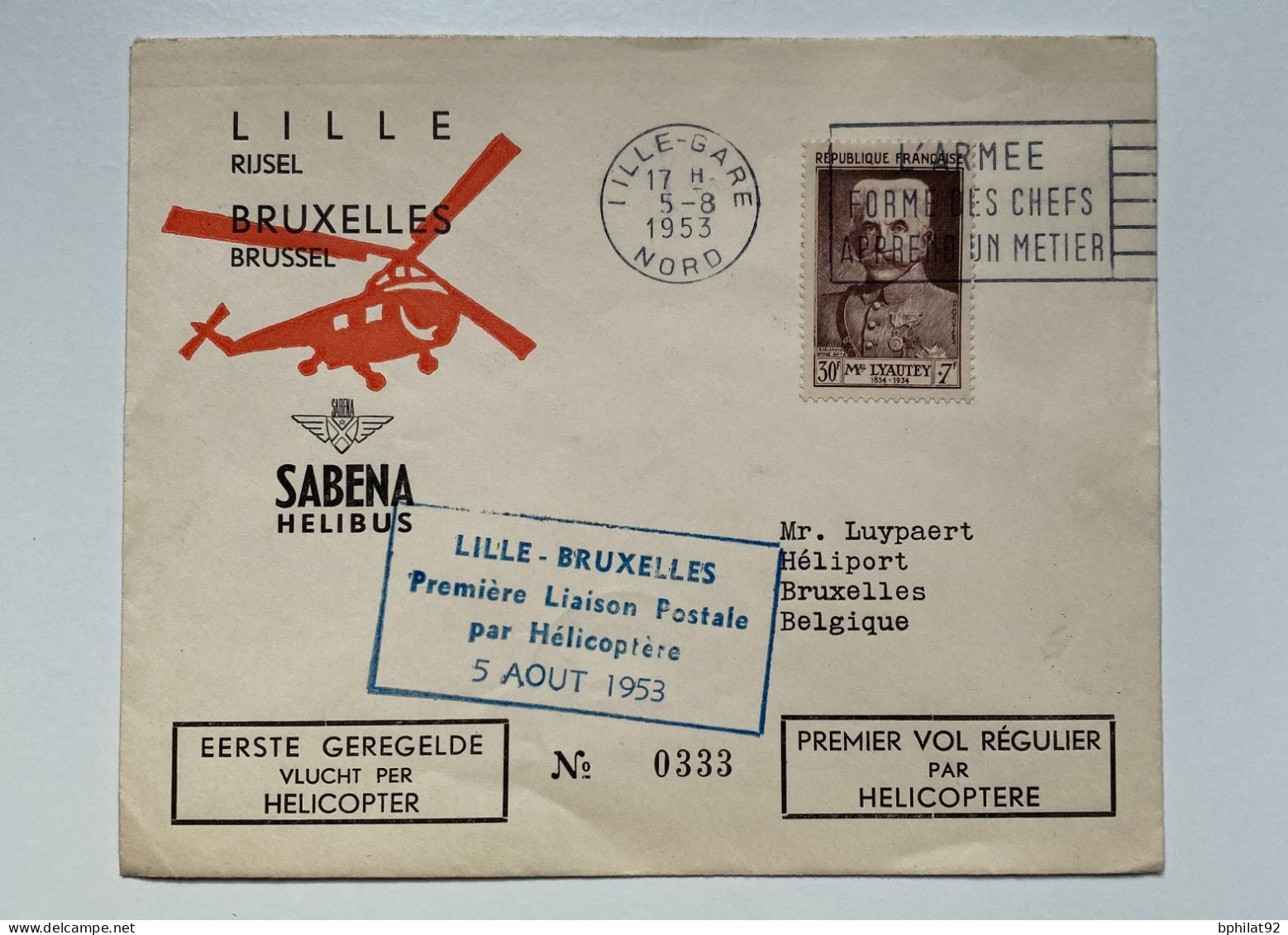 !!! BELGIQUE, COMMEMO 1ER VOL RÉGULIER PAR HÉLICOPTÈRE VIA LA SABENA LILLE BRUXELLES 5/8/1953 - Covers & Documents