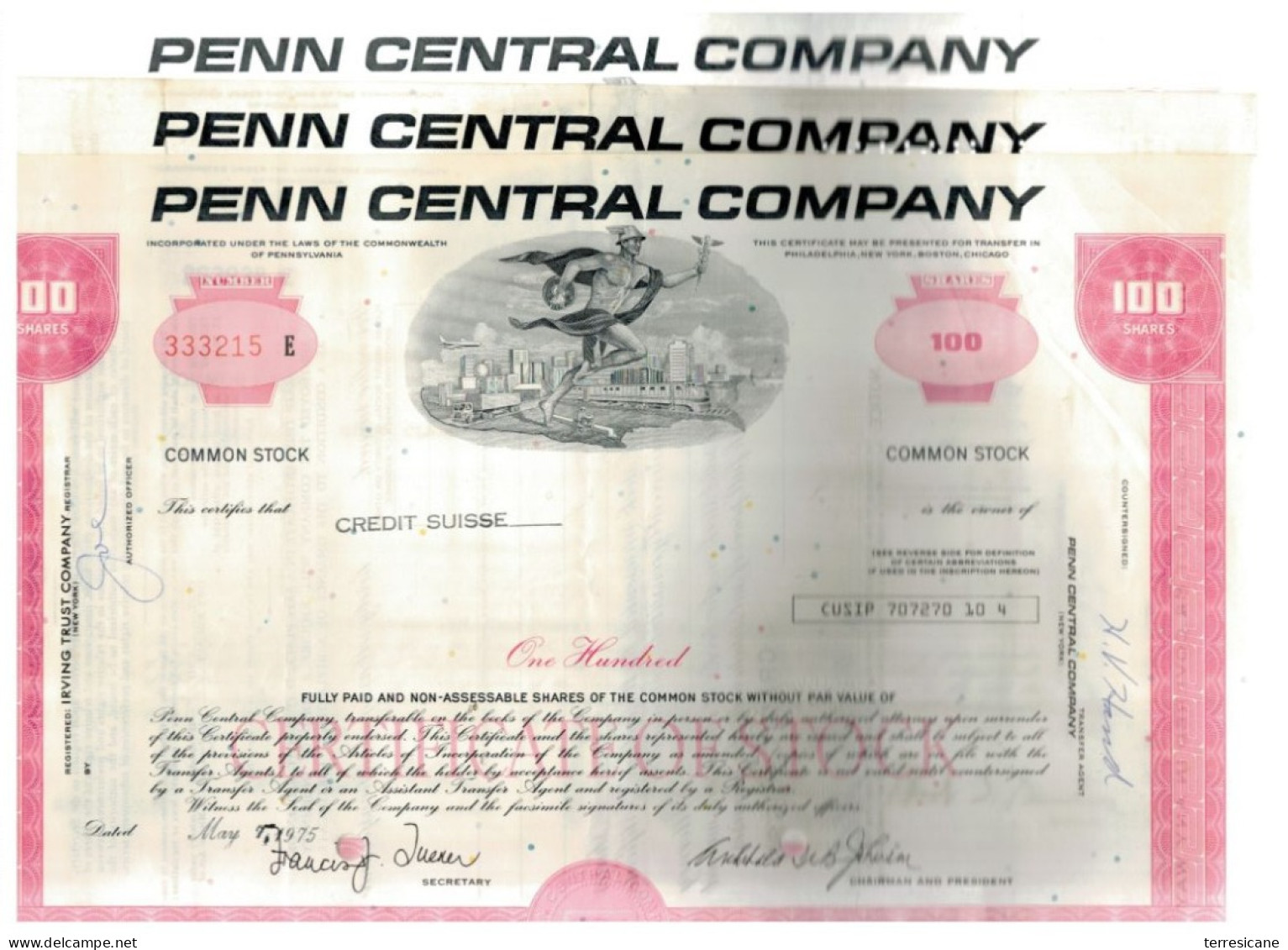 LOTTO 3 CERTIFICATI AZIONARI PENN CENTRAL COMPANY 1975  LESS1 100 SHARES STOCK - Ferrocarril & Tranvías