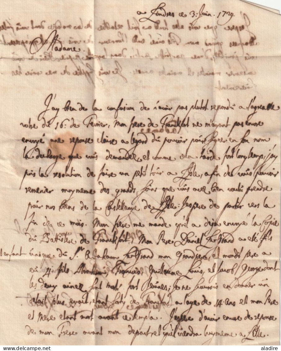 1729 - KGII - Lettre Pliée Avec Corresp En Français De LONDON , Angleterre Vers LILLE En Flandres, France - ...-1840 Voorlopers