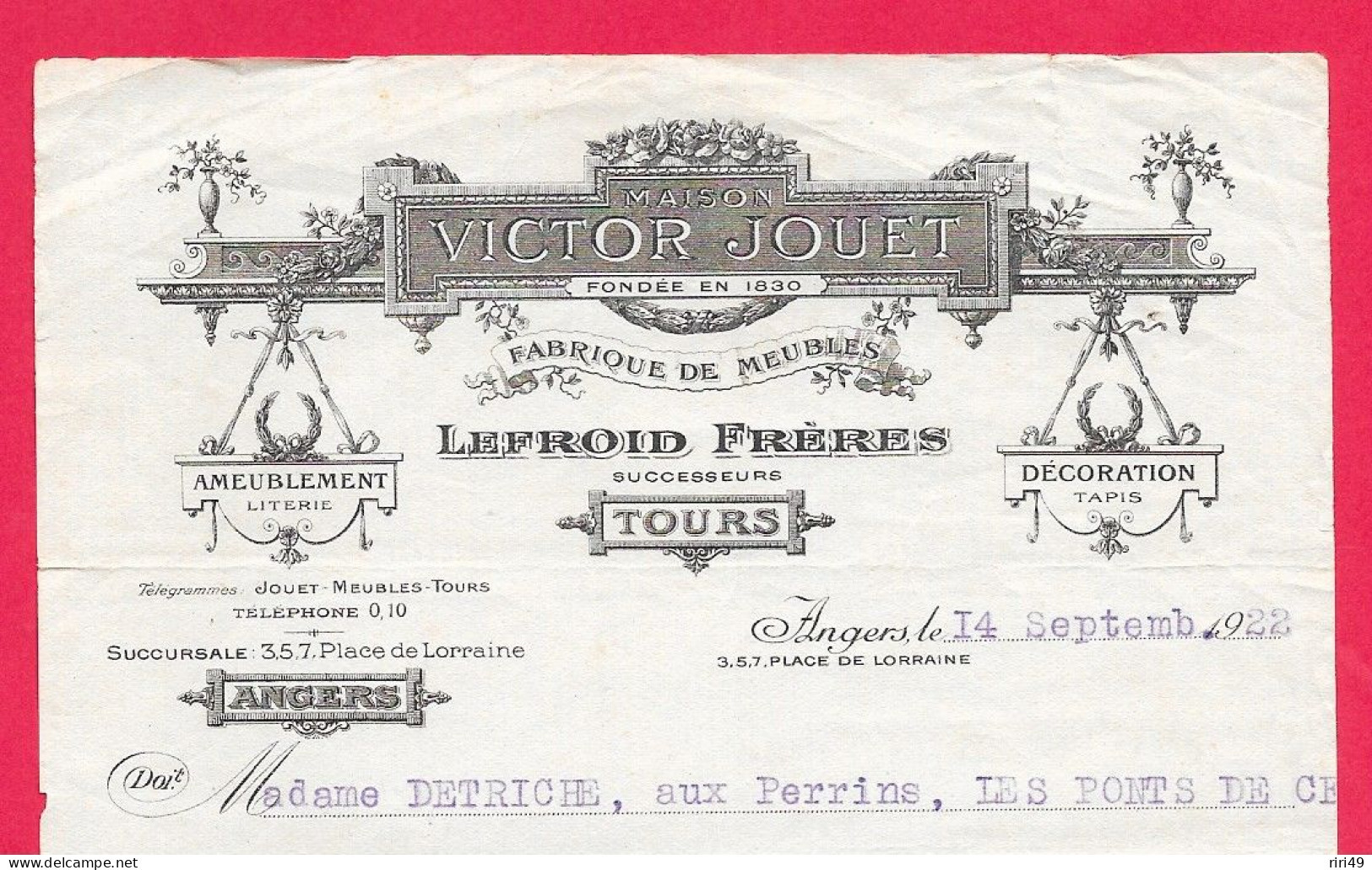 TOURS-37, Facture Maison Victor-Jouet Fabrique De Meubles Voir Scannes 1922  13*20CM - Petits Métiers