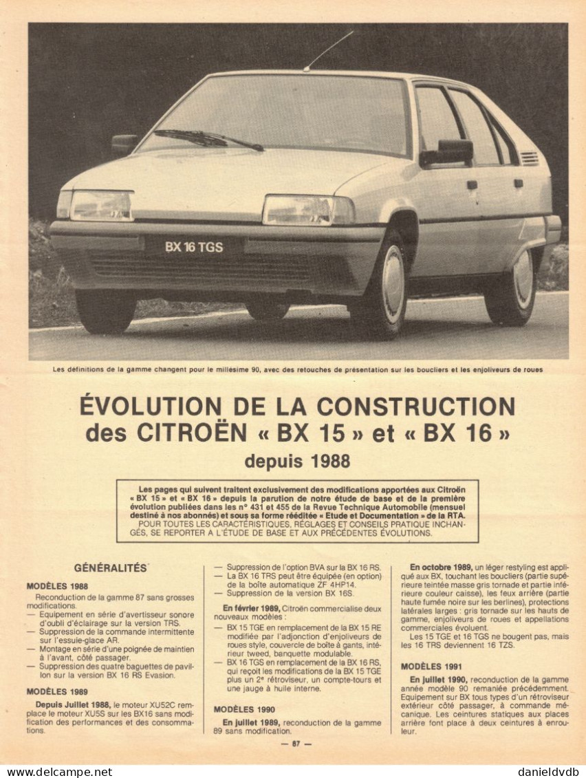 Citroën BX 15 / 16 Essence Etude De L'Evolution Depuis 1988 4 Feuillets Recto-verso Extraits De RTA - Auto