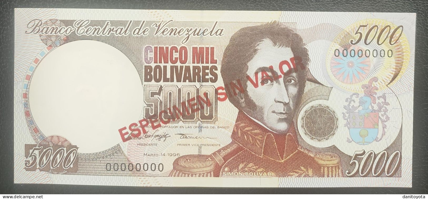 VENEZUELA. 5000 BOLIVARES 14 DE MARZO DE 1996 SOBRECARGA ESPECIMEN SIN VALOR SIN CIRCULAR. - Venezuela