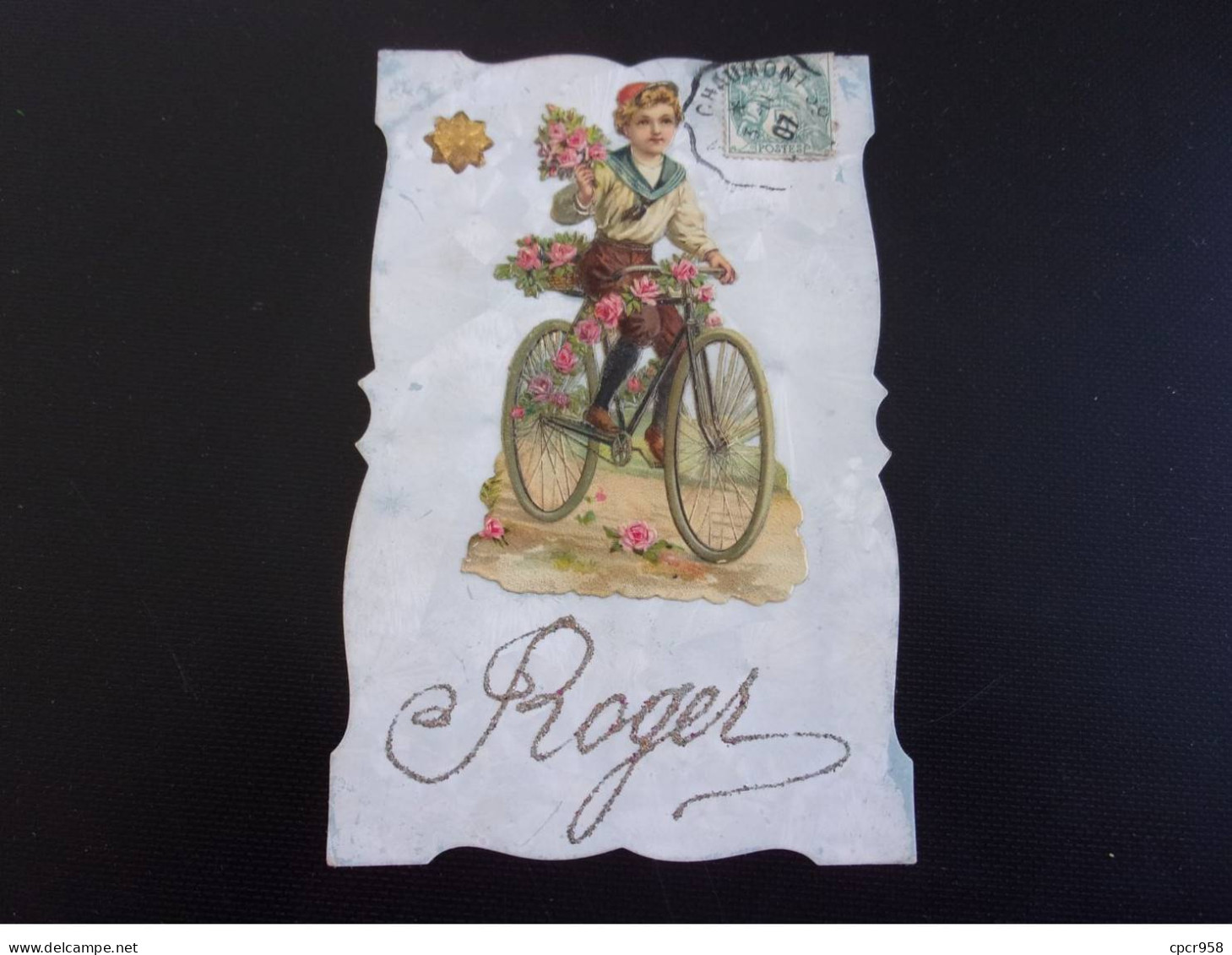 Prénom - N°76870 - Roger - Garçon Sur Un Vélo Fleuri - Carte Avec Ajouti Chromo - Prénoms