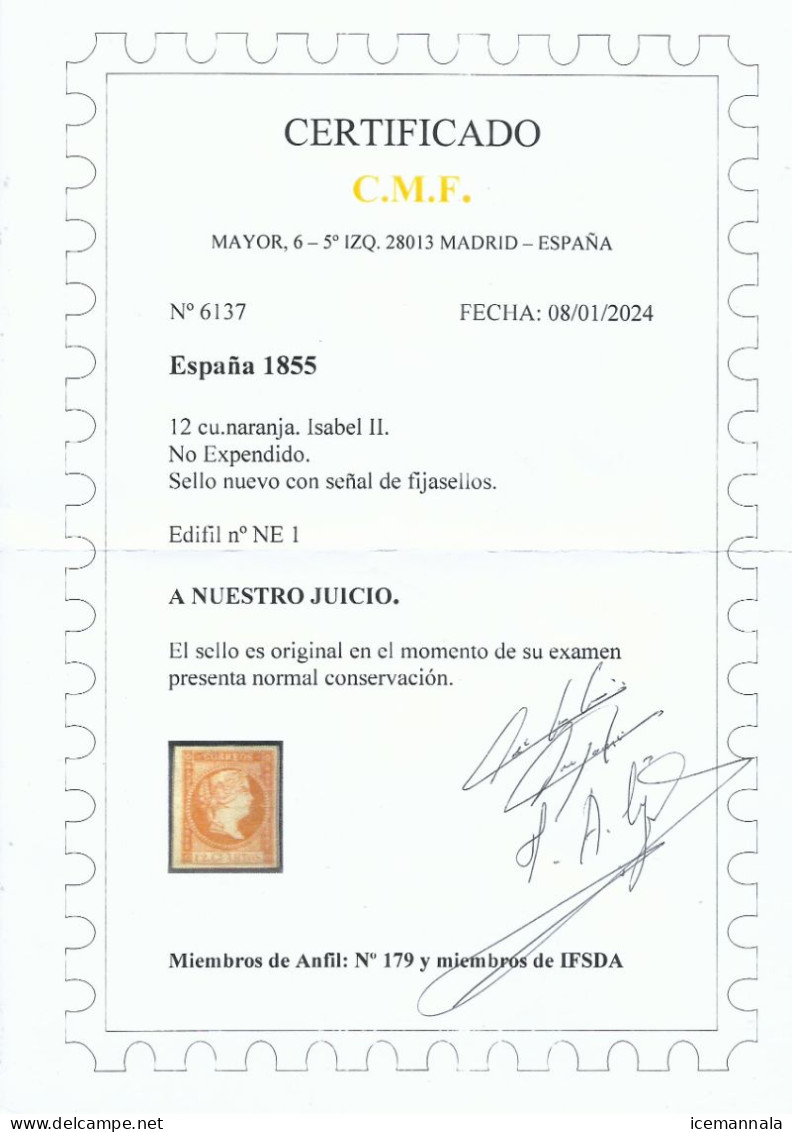 ESPAÑA   EDIFIL  NE 1  (NO EXPENDIDO)   ,  CERTIFICADO  C.M.F.   MH  * - Nuevos