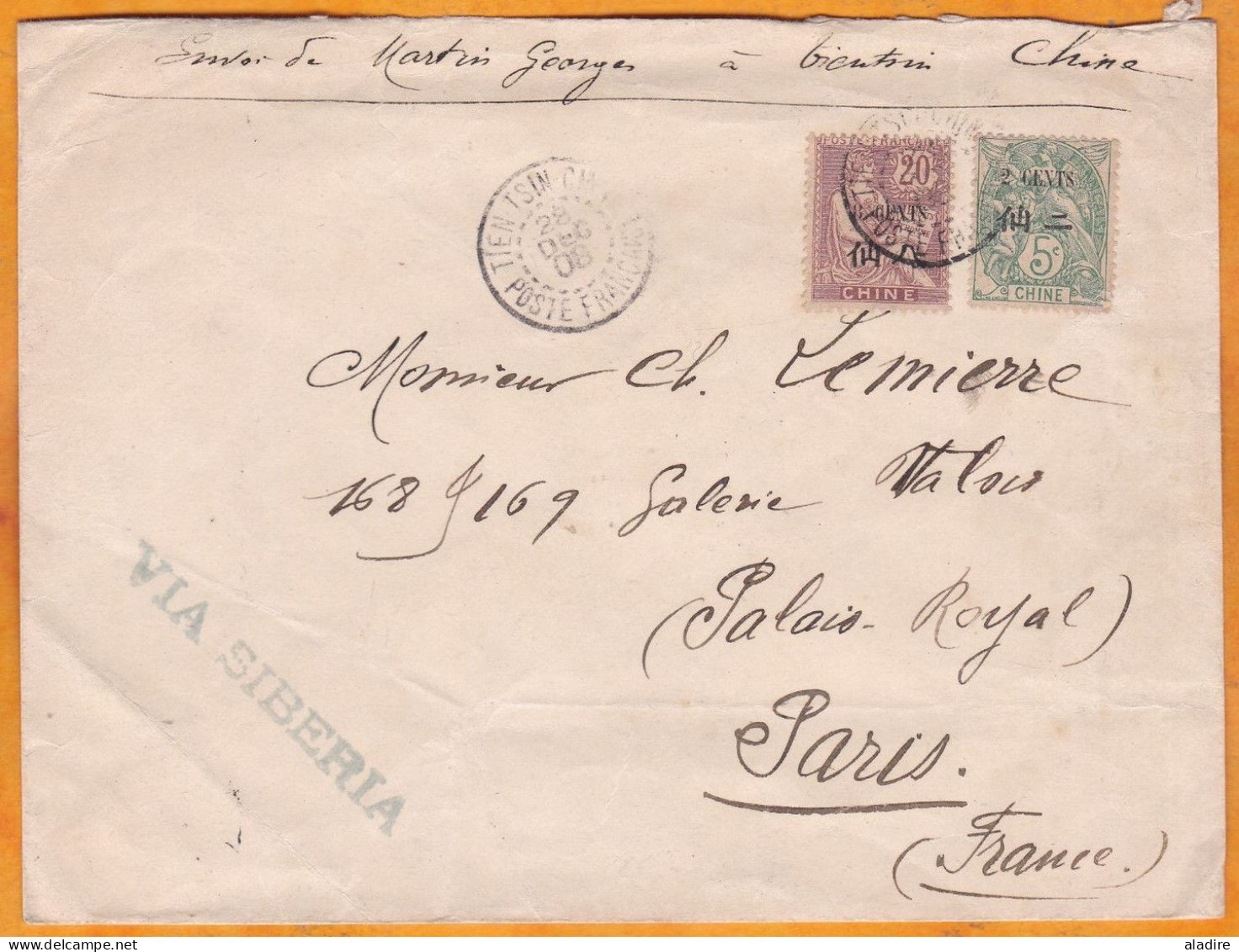 1908 - Enveloppe De TIEN TSIN, BFE Vers Paris, France - Via SIBERIE SIBERIA - Affrt 20 C Mouchon Et 5 C Blanc - Lettres & Documents