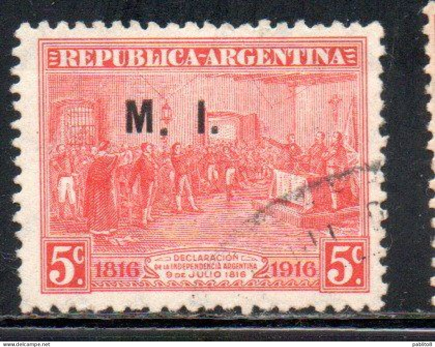 ARGENTINA 1915 1917 OFFICIAL DEPARTMENT STAMP OVERPRINTED M.I. MINISTRY OF INTERIOR MI 5c USED USADO - Oficiales