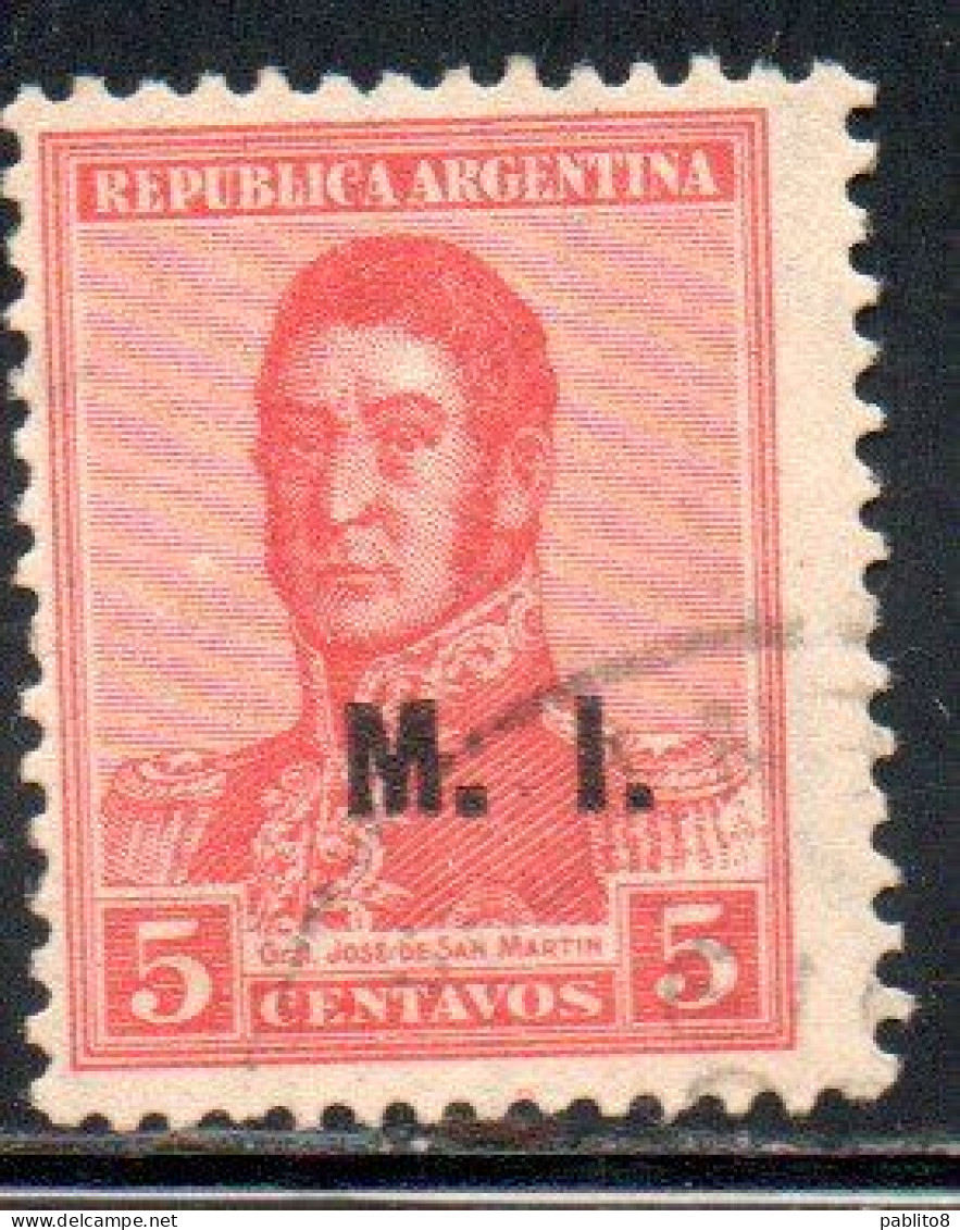 ARGENTINA 1915 1917 OFFICIAL DEPARTMENT STAMP OVERPRINTED M.I. MINISTRY OF INTERIOR MI 5c USED USADO - Oficiales