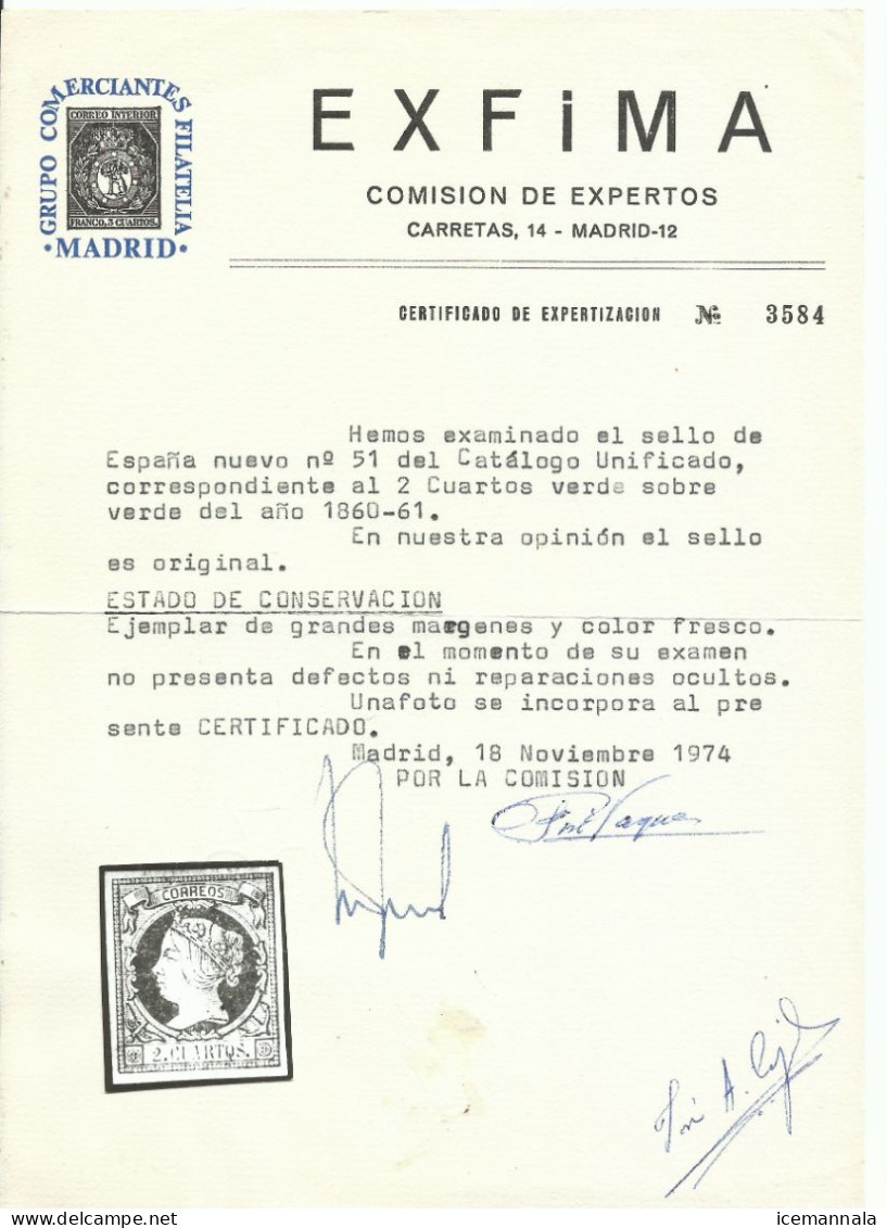ESPAÑA   EDIFIL   51,  CERTIFICADO  EXFIMA - Used Stamps
